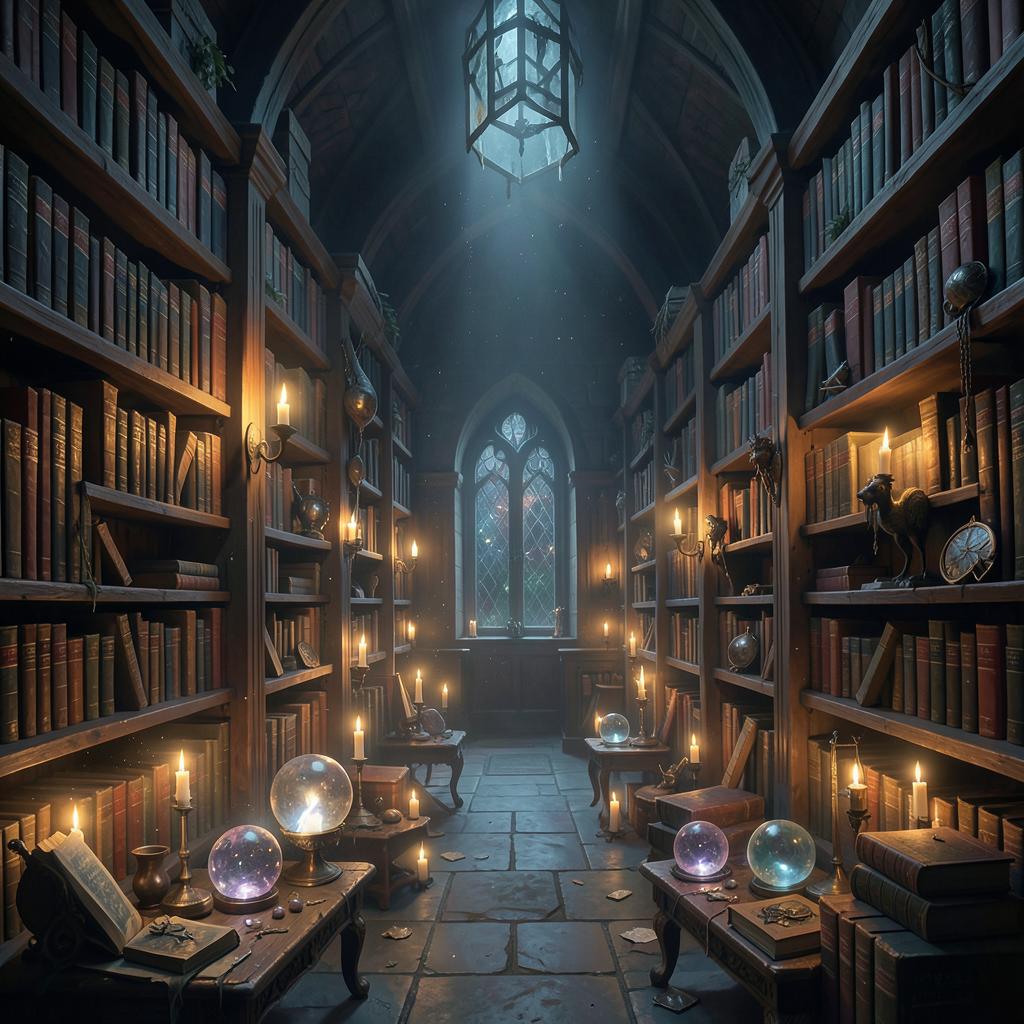 Ett magiskt bibliotek med levande ljus och mystiska kristaller